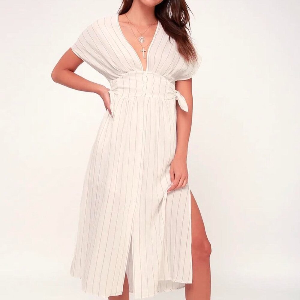 ASTR The Label Striped White & Beige Dress side tie v neck faux wrap size S